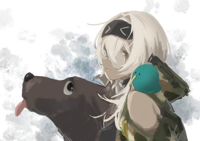 1girl, alchemy_stars, animal_on_shoulder, anui, bird, bird_on_shoulder, brown_dog, camouflage