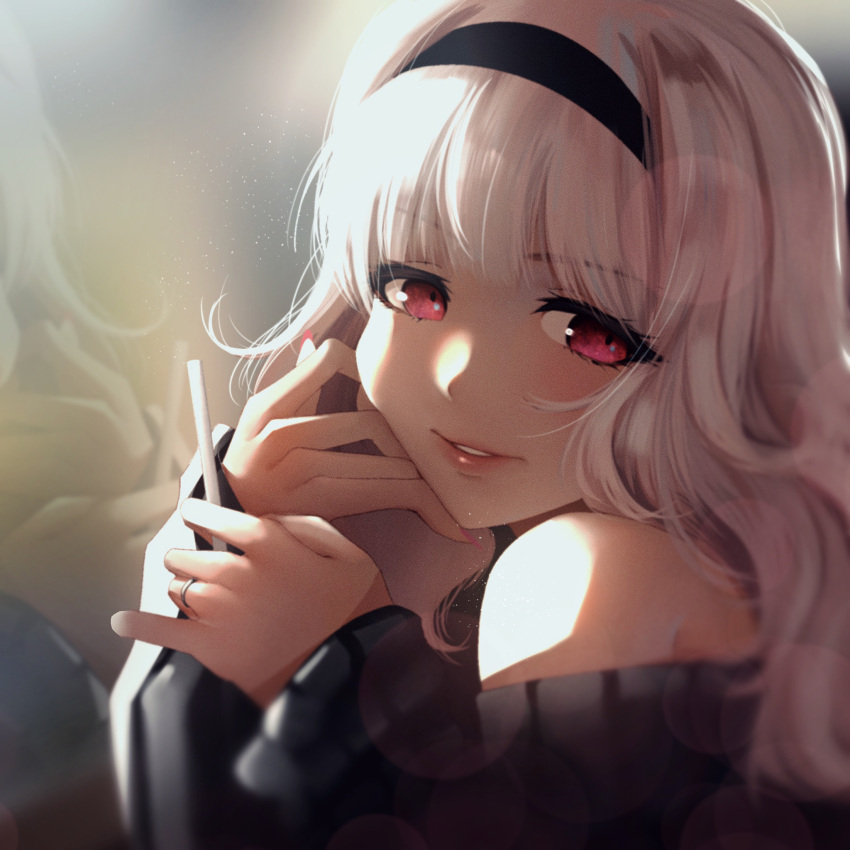 1girl, black_sweater, blush, cellphone, hairband, highres, idolmaster, jewelry