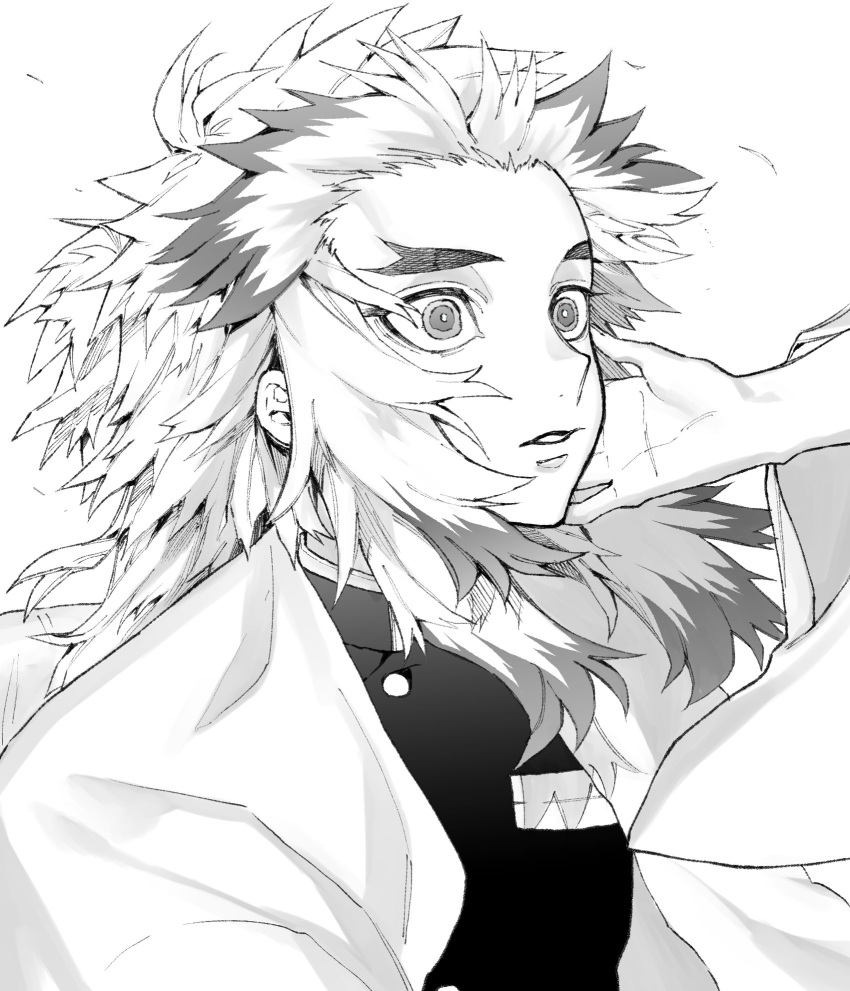 1boy, 1other, greyscale, hatching_(texture), highres, kimetsu_no_yaiba, leaf, long_hair, maki_keigo, monochrome, rengoku_kyoujurou, simple_background, solo_focus, upper_body, white_background, wide-eyed, wide_sleeves, wind