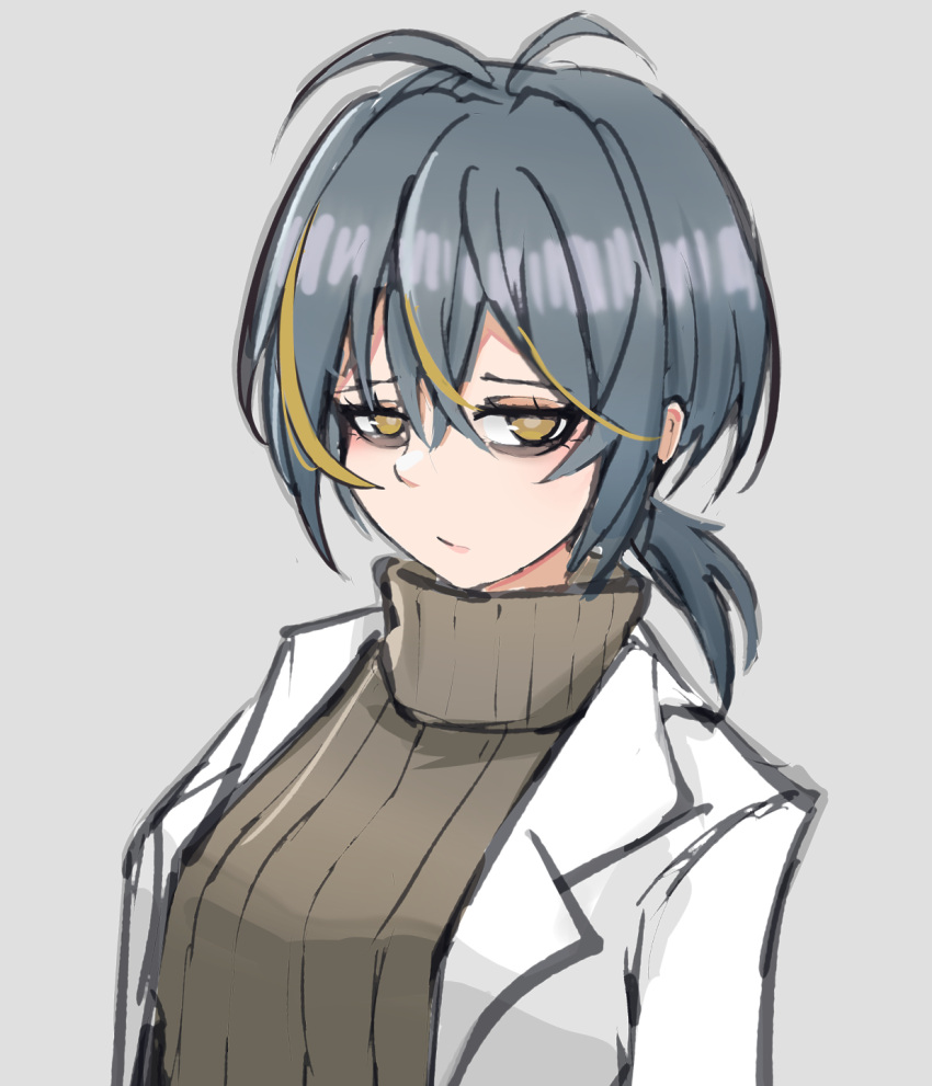 1girl, ahoge, blonde_hair, brown_sweater, coat, grey_background, grey_hair, hair_behind_ear