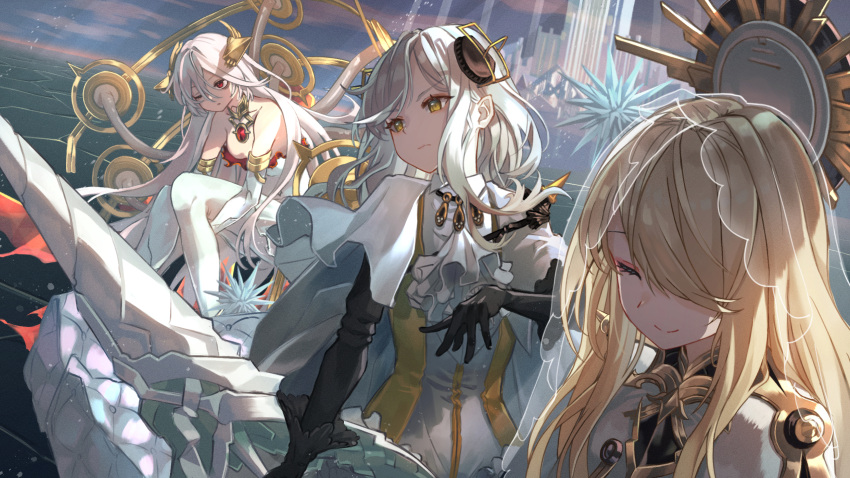 3girls, alchemy_stars, armlet, armor, ascot, bare_shoulders, black_gloves, black_sleeves, blonde_hair, cape, carleen_(alchemy_stars), closed_mouth, commentary_request, detached_sleeves, dress, dutch_angle, eyeshadow, gabriel_(alchemy_stars), gloves, hair_ornament, hair_over_one_eye, highres, holding, holding_lance, holding_polearm, holding_weapon, horizon, jewelry, lance, leg_hug, long_hair, makeup, multiple_girls, necklace, one_eye_closed, one_eye_covered, orange_dress, outdoors, parted_lips, pink_eyeshadow, polearm, red_eyes, roco_(rocoroco1115), serious, smile, strapless, strapless_dress, uriel_(alchemy_stars), veil, weapon, white_cape, white_dress, white_hair, white_legwear, white_neckwear, yellow_eyes