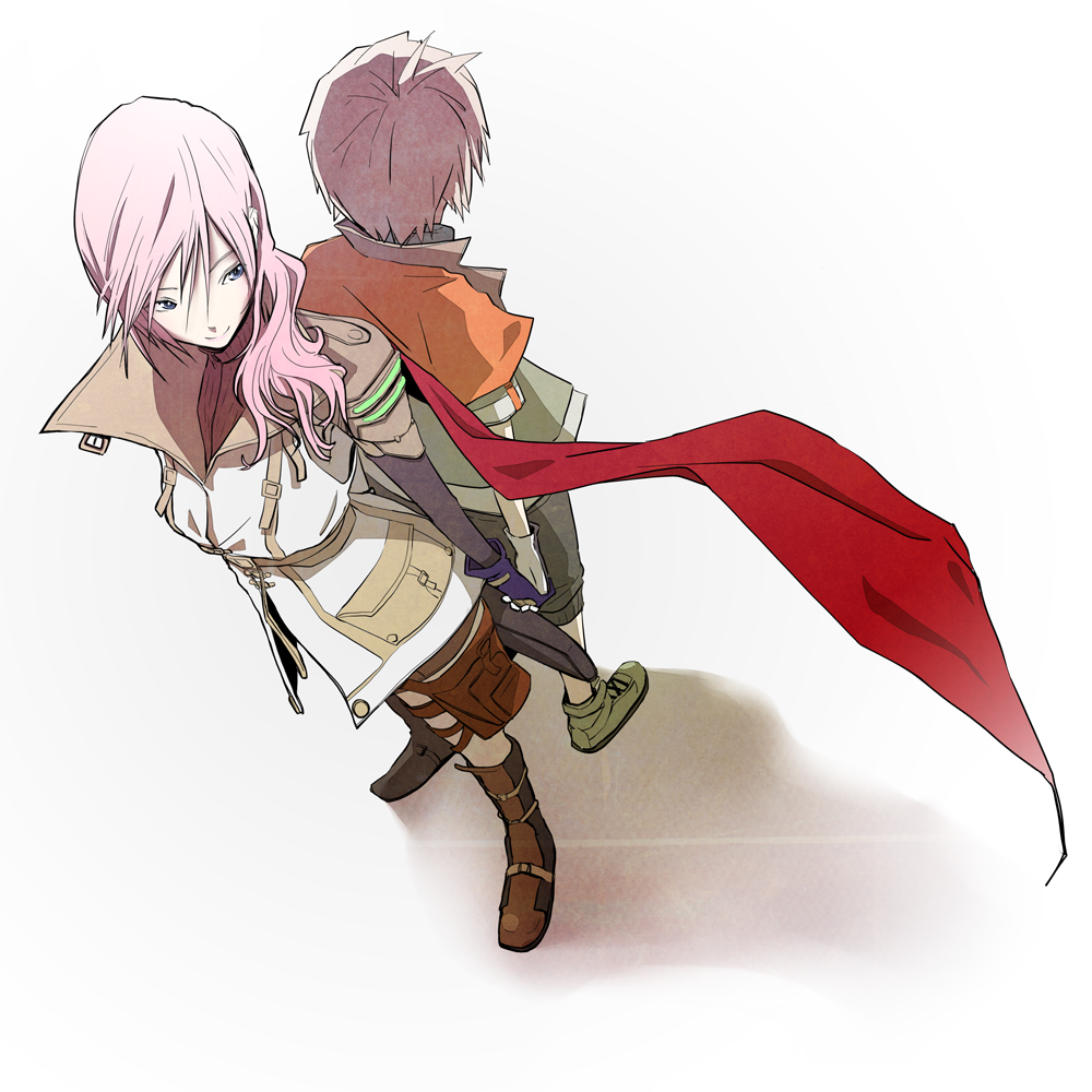 1girl, back-to-back, back_to_back, bad_id, blue_eyes, couple, dutch_angle, final_fantasy