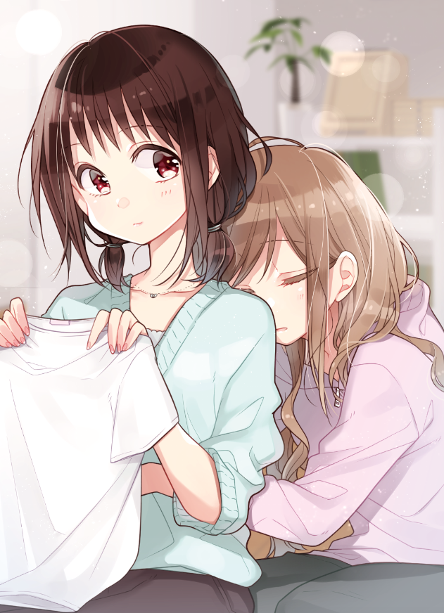 2girls, bangs, blue_sweater, blurry, blurry_background, blush, brown_hair, brown_pants, closed_eyes, closed_mouth, couple, cowboy_shot, depth_of_field, dot_nose, eyebrows_visible_through_hair, folding_clothes, from_side, futaribeya, grey_pants, heart, heart_necklace, hood, hoodie, indoors, jewelry, kawawa_sakurako, leaning_on_person, light_brown_hair, long_hair, looking_at_another, multiple_girls, nail_polish, necklace, on_floor, pants, pink_nails, plant, potted_plant, purple_shirt, purple_sweatshirt, red_eyes, seiza, shelf, shiny, shiny_hair, shirt, short_hair, sidelocks, sideways_glance, sitting, sparkle, sweater, swept_bangs, t-shirt, twintails, v-neck, wavy_hair, white_shirt, wooden_floor, yamabuki_kasumi, yukiko_(tesseract), yuri