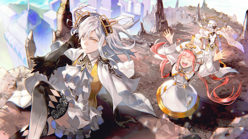 3girls, alchemy_stars, ascot, black_gloves, black_legwear, building, cape, capelet