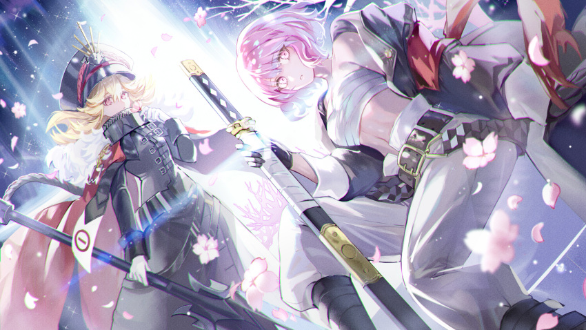 2girls, alchemy_stars, arm_ribbon, backlighting, belt, black_cloak, black_footwear, black_headwear, black_jacket, blonde_hair, breasts, cape, cloak, closed_mouth, commentary_request, diffraction_spikes, dutch_angle, expressionless, falling_petals, flower, fur-trimmed_cape, fur_trim, gloves, hand_up, haruri, hat, highres, hiiro_(alchemy_stars), holding, holding_sword, holding_weapon, jacket, katana, lens_flare, light_particles, linea_alba, long_hair, long_sleeves, looking_at_viewer, medium_breasts, midriff, military_hat, multiple_girls, navel, nemesis_(alchemy_stars), off_shoulder, pants, parted_lips, partial_commentary, petals, pink_eyes, pink_flower, pink_hair, red_cape, red_eyes, red_ribbon, ribbon, sarashi, short_hair, sparkle, sword, weapon, white_gloves, white_pants