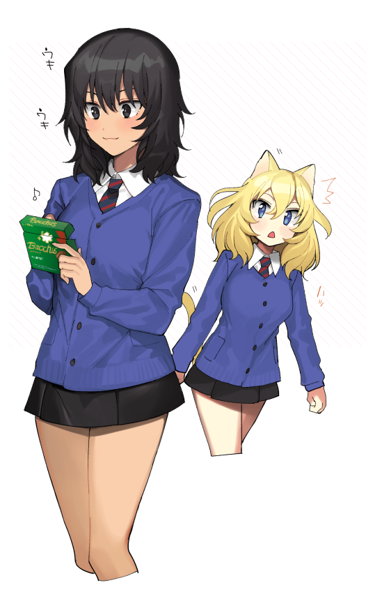 2girls, ^^^, andou_(girls_und_panzer), animal_ears, bangs, bc_freedom_school_uniform, black_dress, black_eyes