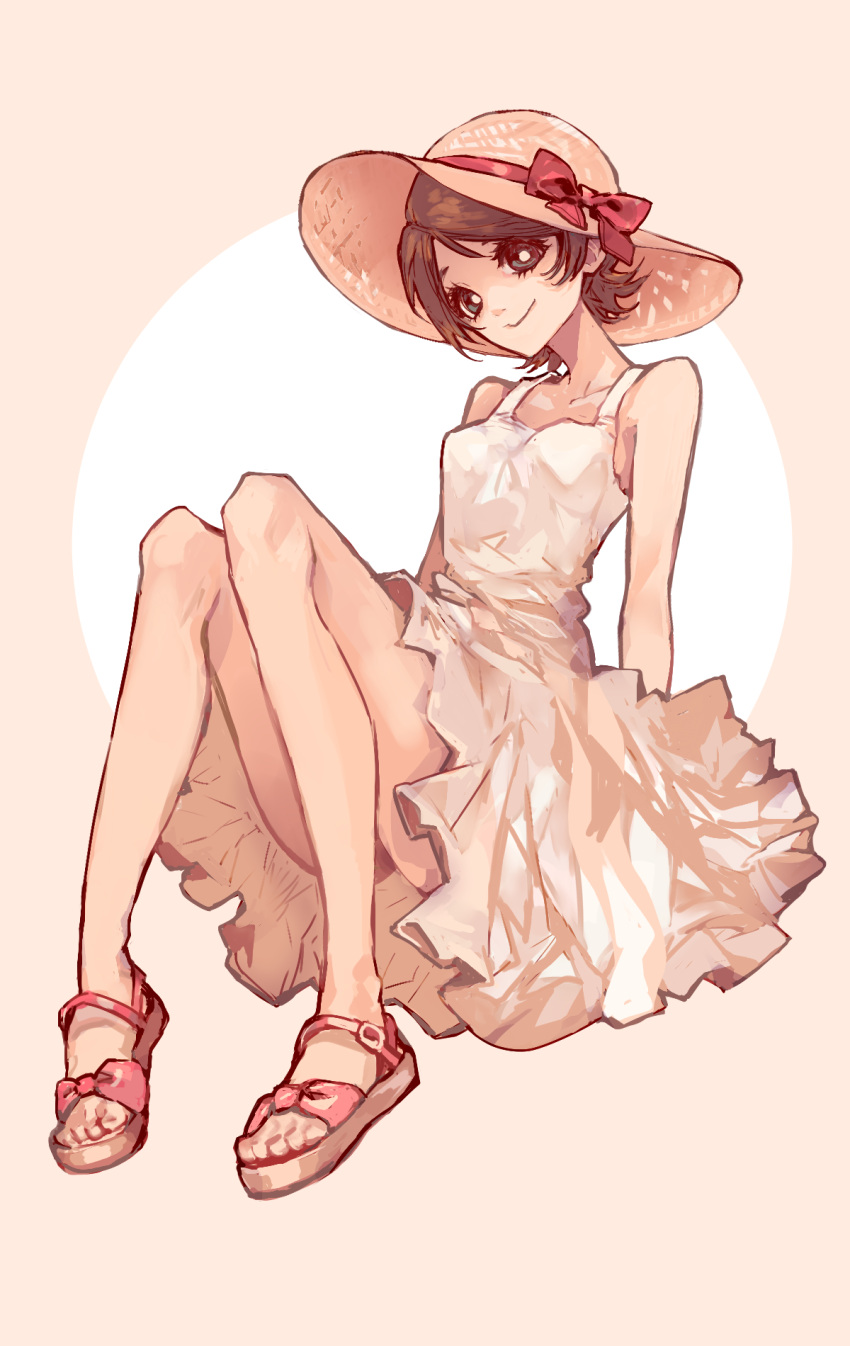 1girl, arms_at_sides, bare_arms, bare_legs, beige_background, black_hair, breasts, circle, closed_mouth, collarbone, dress, eyelashes, full_body, fuura_kafuka, green_eyes, happy, hat, head_tilt, highres, knees_together_feet_apart, long_eyelashes, looking_at_viewer, mag_(ma9xxx), pastel_colors, pink_footwear, red_ribbon, ribbon, sandals, sayonara_zetsubou_sensei, short_hair, simple_background, skinny, sleeveless, sleeveless_dress, small_breasts, smile, solo, straw_hat, sun_hat, sundress, tareme, very_short_hair, white_dress