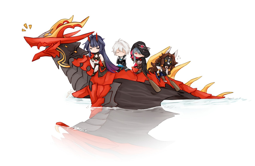 1boy, 3girls, bangs, benares_(honkai_impact), black_hair, brown_hair, closed_eyes, cloud_ya, dragon, dragon_wings, hair_between_eyes, highres, honkai_(series), honkai_impact_3rd, hood, horns, jackal_(honkai_impact), kevin_kaslana, long_hair, mask, mask_on_head, multiple_girls, raiden_mei, raiden_mei_(herrscher_of_thunder), raven_(honkai_impact_3rd), rowing, simple_background, sweat, water, white_background, white_hair, wings