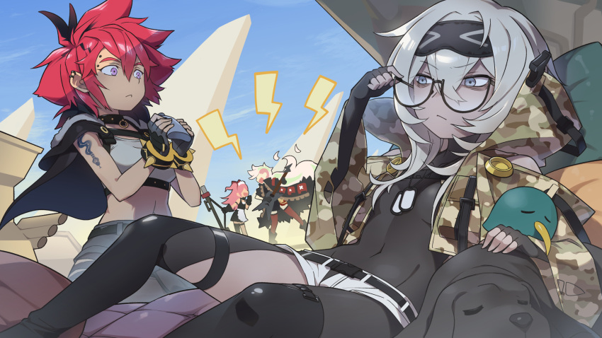 4girls, :<, adjusting_eyewear, alchemy_stars, annoyed, apron, arm_tattoo, bags_under_eyes