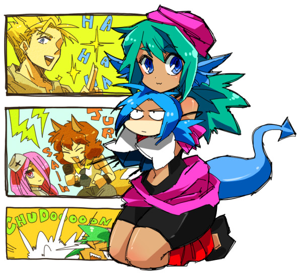 animal_ears, blonde_hair, blue_hair, brown_hair, cat_ears, chibi, closed_eyes, female