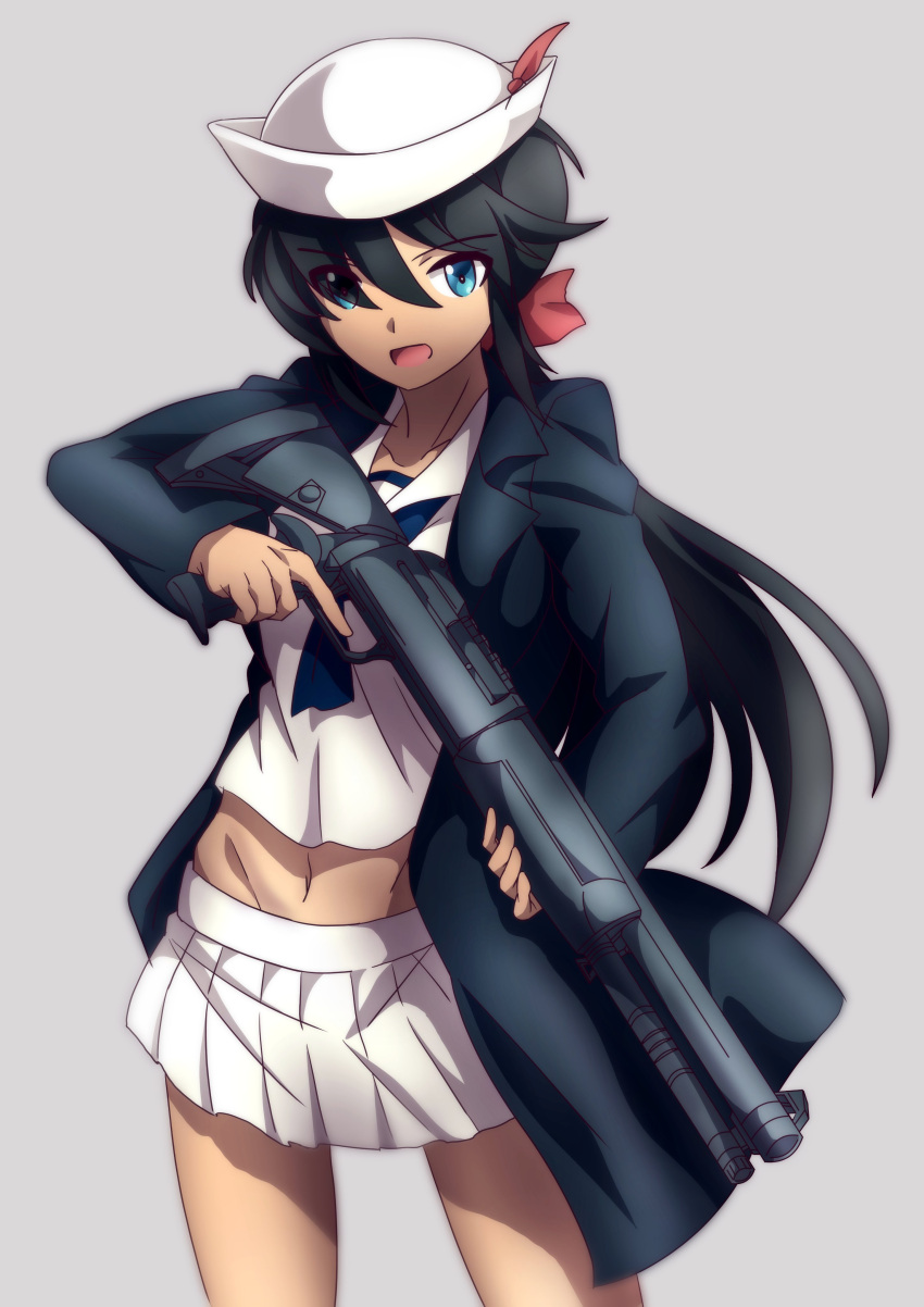 1girl, 9s0ykoyama117, absurdres, bangs, benelli_m4, black_coat, black_hair, black_neckwear