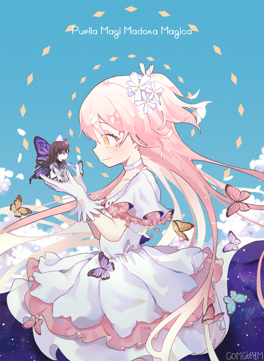 2girls, akemi_homura, aqua_butterfly, argyle, argyle_background, arm_support, artist_name, bearingring