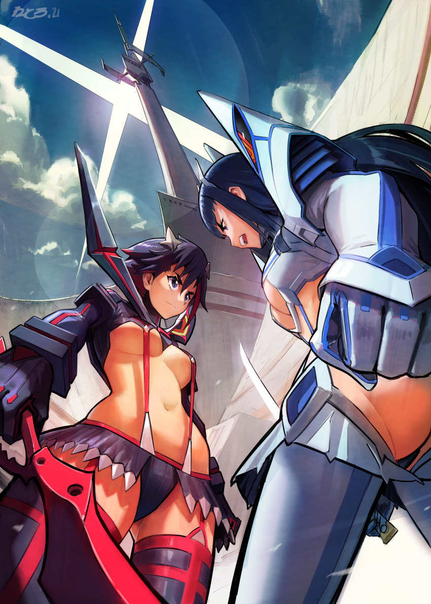 2girls, a, absurdres, black_hair, blue_eyes, breasts, garter_straps, highres