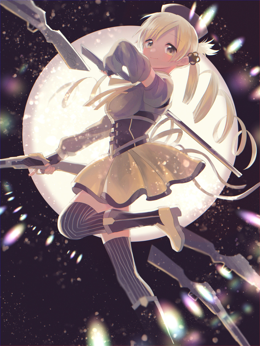 1girl, absurdres, arm_up, back_bow, backlighting, beret, black_footwear, black_gloves