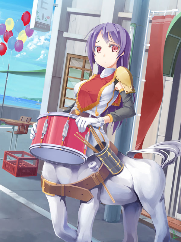 1girl, armor, balloon, band_uniform, bangs, belt, black_sleeves, blue_sky