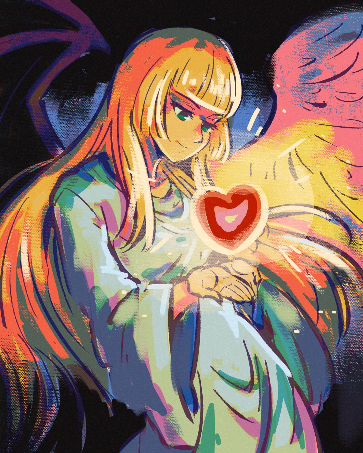 1girl, akairiot, angel_wings, asymmetrical_wings, bangs, black_background, black_wings, blonde_hair