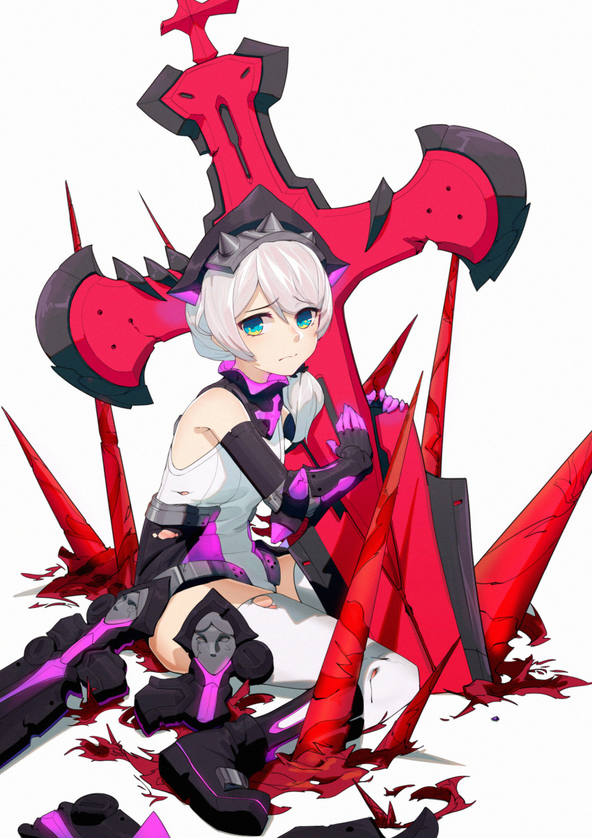 1girl, absurdres, bangs, blue_eyes, closed_mouth, cross_(weapon), hair_between_eyes, highres