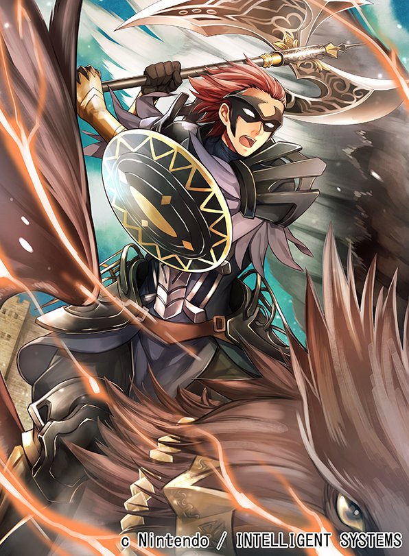 1boy, armor, axe, collared_shirt, fire_emblem, fire_emblem_awakening, fire_emblem_cipher, gerome_(fire_emblem), griffin, holding, holding_axe, holding_weapon, mask, nagahama_megumi, open_mouth, outdoors, redhead, shirt, sitting, weapon