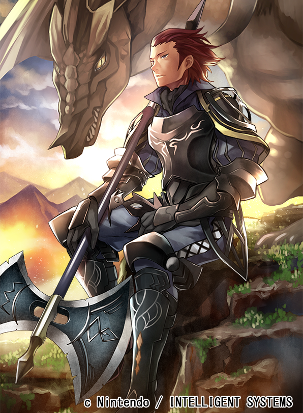 1boy, armor, axe, collared_shirt, fire_emblem, fire_emblem_awakening, fire_emblem_cipher, gerome_(fire_emblem), holding, holding_axe, holding_weapon, mask, mask_removed, minerva_(fire_emblem_awakening), mountain, mountainous_horizon, nagahama_megumi, outdoors, redhead, shirt, sitting, weapon