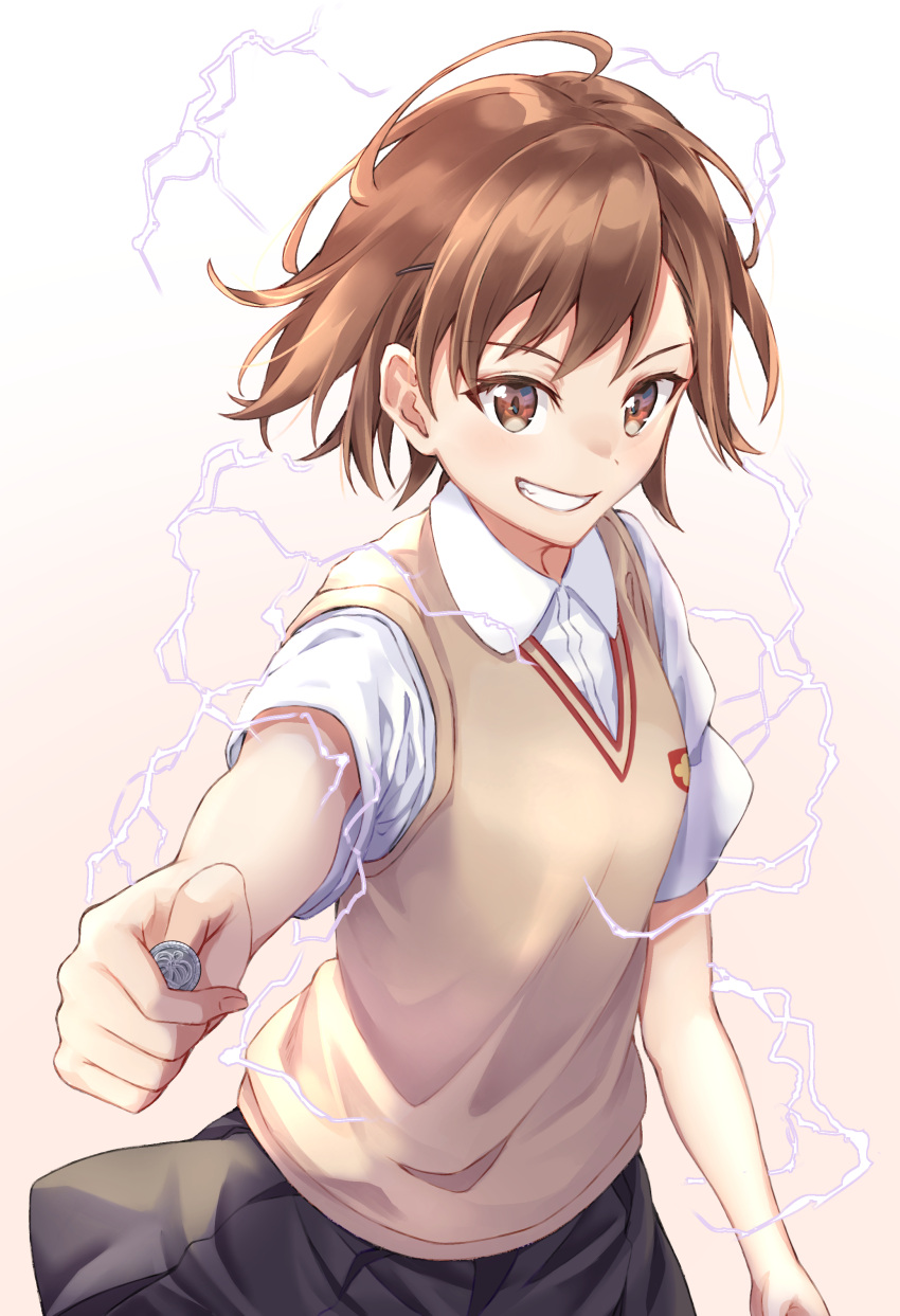 1girl, absurdres, ahoge, bangs, biribiri, black_skirt, brown_background, brown_eyes