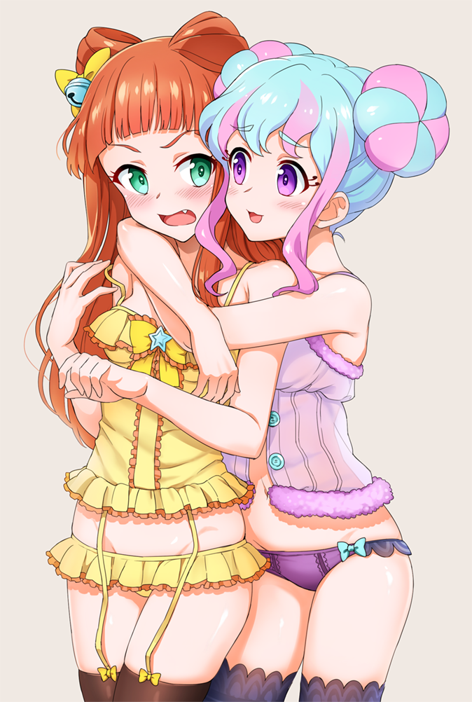 2girls, :3, aikatsu!_(series), aikatsu_stars!, arms_around_neck, babydoll, bangs, bare_shoulders