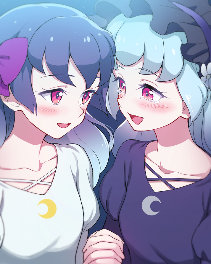2girls, :d, aikatsu!_(series), aikatsu_friends!, blue_hair, blush, bow, character_request