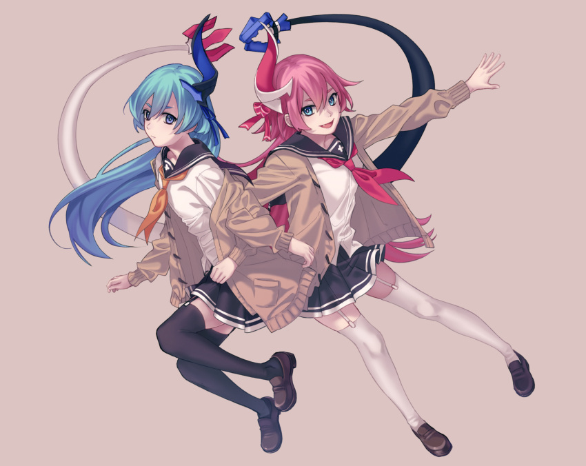 1girl, 2girls, bangs, black_legwear, blue_eyes, blue_hair, brown_background, brown_jacket, chinese_text, hair_between_eyes, hair_ornament, highres, honkai_(series), honkai_impact_3rd, jacket, kneehighs, liliya_olenyeva, looking_at_viewer, multiple_girls, mywaffuru, open_mouth, pink_hair, rozaliya_olenyeva, school_uniform, shoes_removed, siblings, simple_background, skirt, tail, twins, white_legwear
