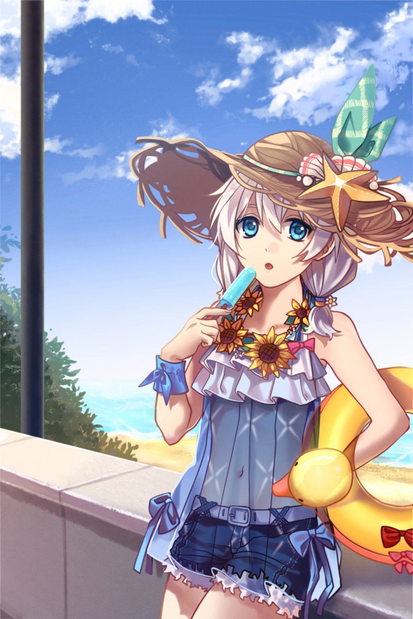 1girl, bangs, bare_shoulders, blue_eyes, blue_sky, clouds, cloudy_sky, dress