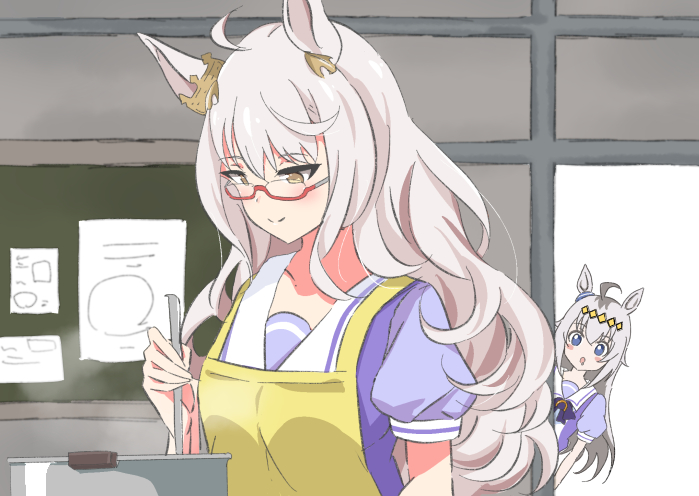 2girls, animal_ears, biwa_hayahide_(umamusume), breasts, cooking, glasses, horse_ears, horse_girl