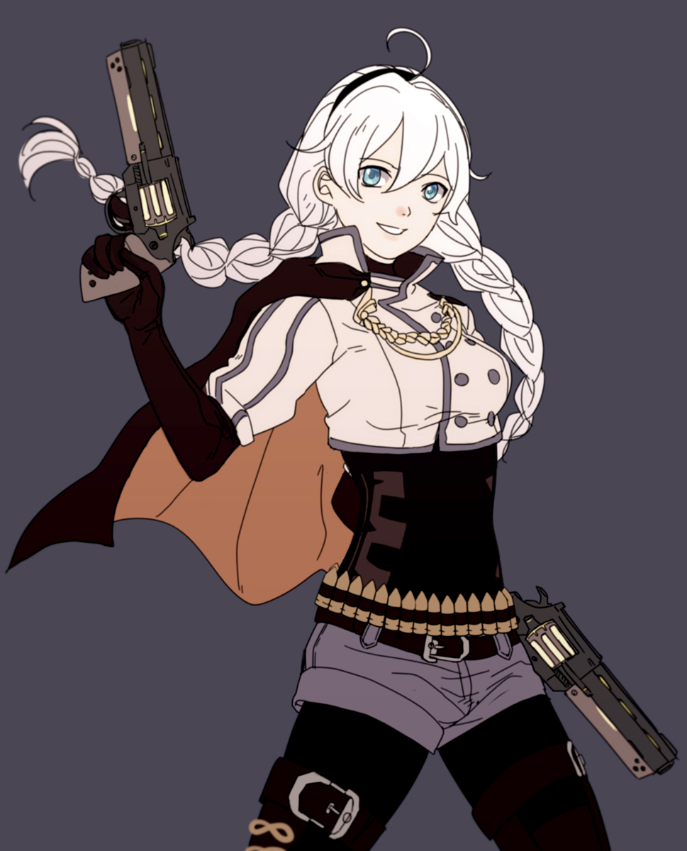 1girl, antenna_hair, bangs, black_gloves, black_legwear, blue_eyes, braid, cape