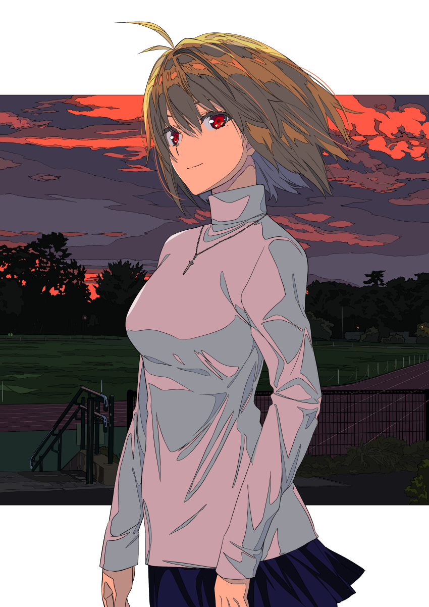 1girl, absurdres, antenna_hair, arcueid_brunestud, arms_at_sides, bangs, blonde_hair, blue_skirt, border, breasts, closed_mouth, cowboy_shot, highres, jewelry, long_sleeves, looking_afar, medium_breasts, miniskirt, outdoors, pendant, red_eyes, running_track, short_hair, skirt, smile, solo, standing, sunset, sweater, tree, tsukihime, tsukihime_(remake), turtleneck, turtleneck_sweater, twilight, white_sweater, xtango