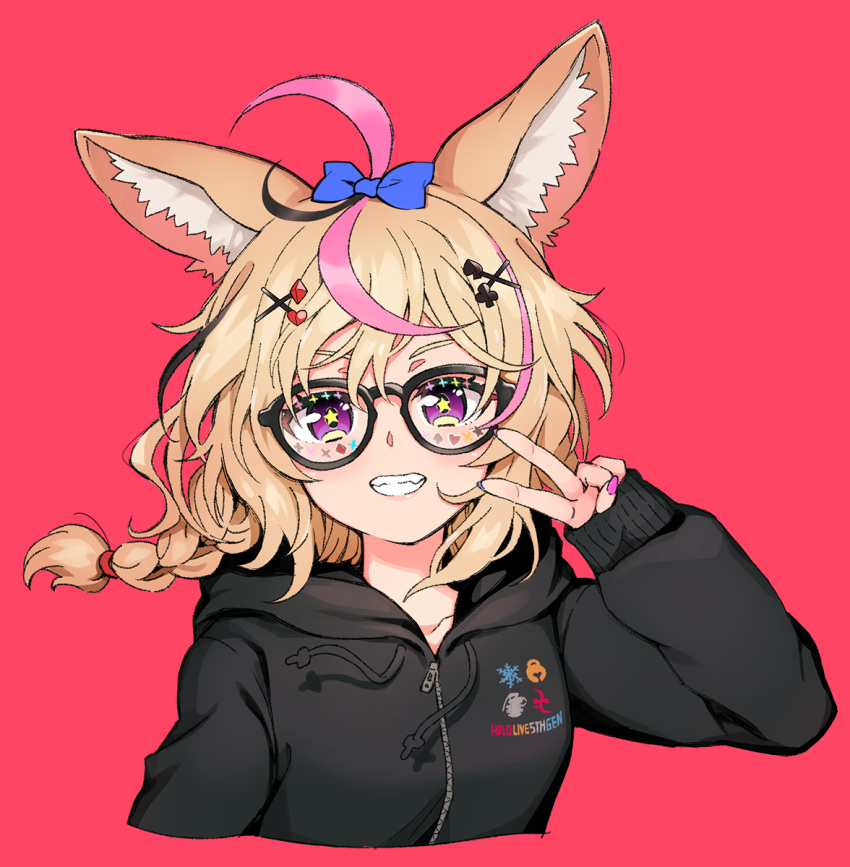 1girl, ahoge, animal_ear_fluff, animal_ears, black-framed_eyewear, black_hoodie, blonde_hair, blue_bow