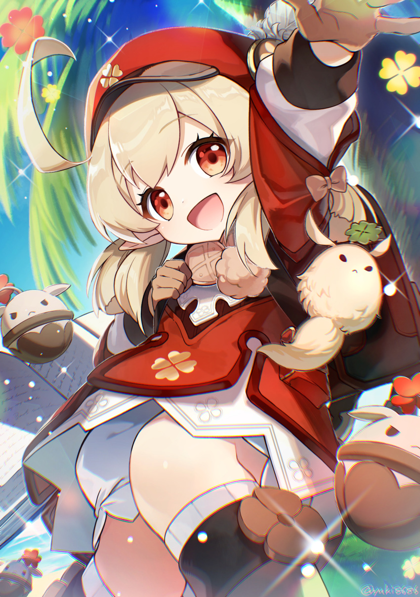 1girl, :d, absurdres, ahoge, arm_up, backpack, bag, bag_charm