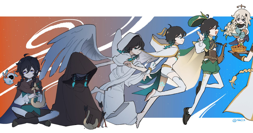 1girl, 3boys, aether_(genshin_impact), alternate_costume, androgynous, argyle, argyle_legwear, arrow_(projectile)