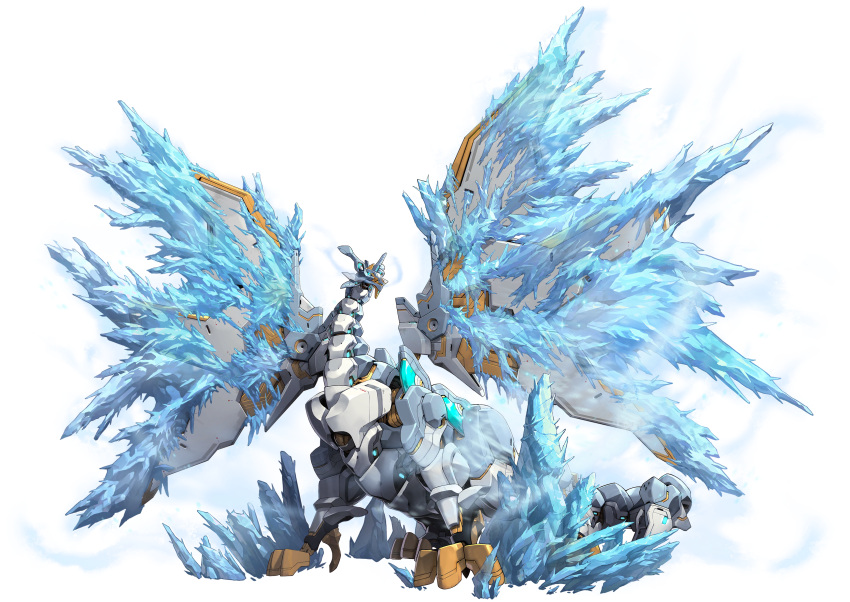 1girl, absurdres, ags_(last_origin), dragon, glacias_(last_origin), highres, ice, last_origin, long_neck, mar10, mecha, official_art, robot, solo, tachi-e, transparent_background, wings