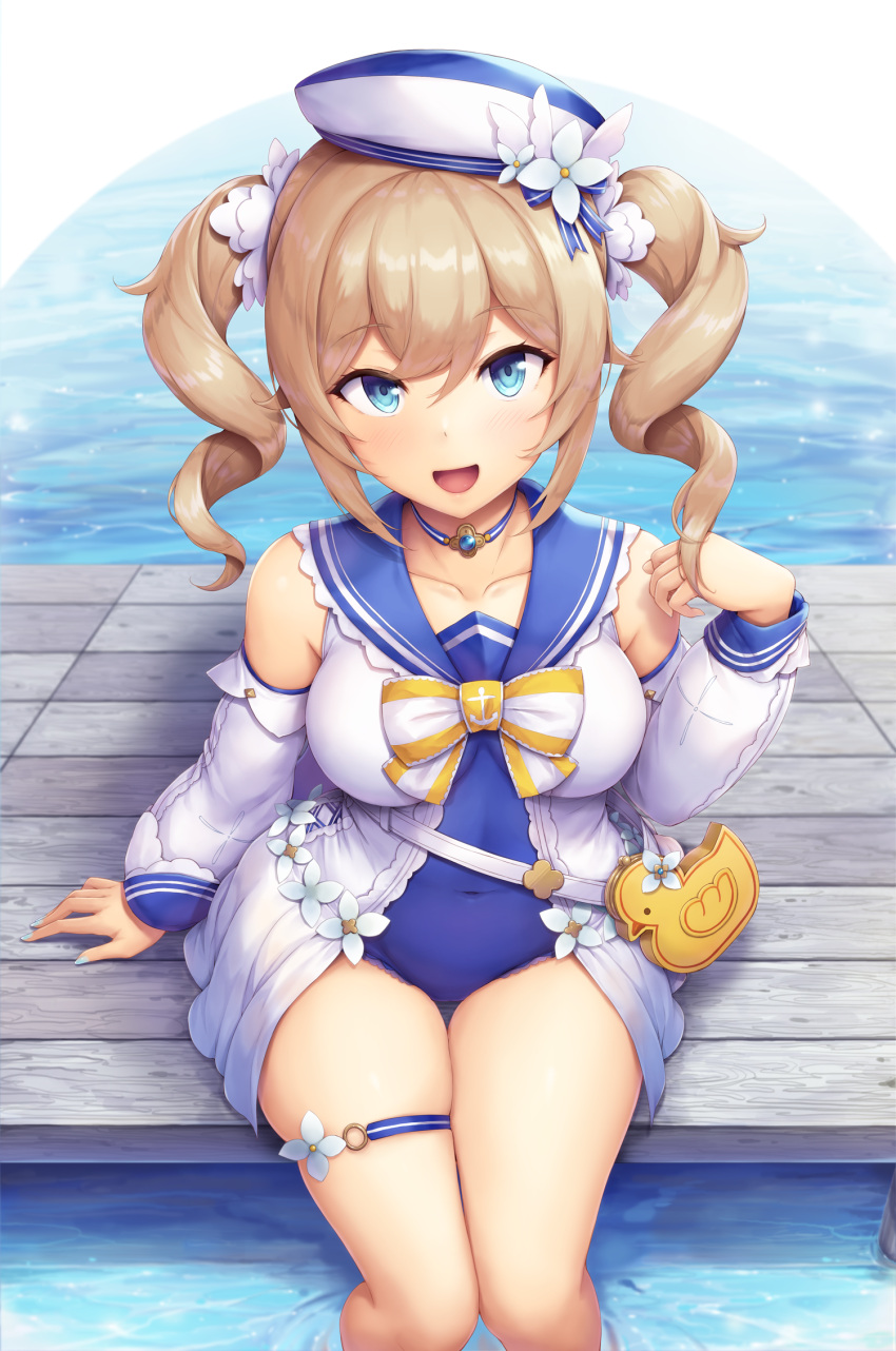 1girl, :d, anchor_symbol, bag, bangs, barbara_pegg, bare_shoulders, blonde_hair