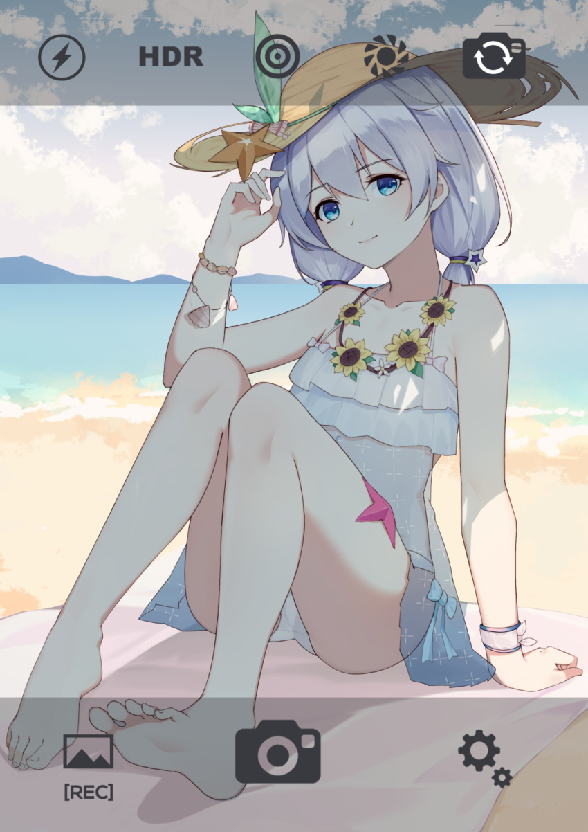 1girl, adjusting_hair, alternate_costume, bangs, bare_shoulders, barefoot, beach, bikini