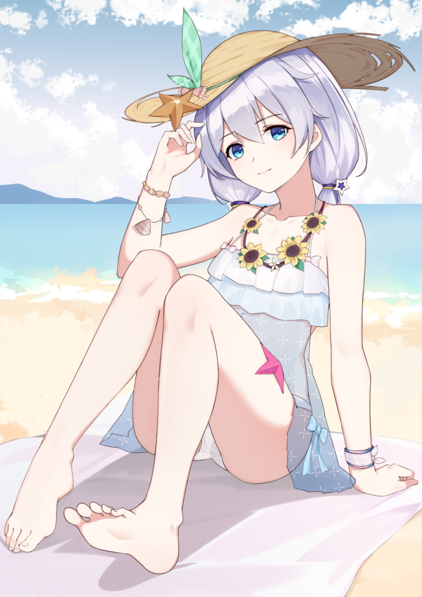 1girl, adjusting_hair, alternate_costume, bangs, bare_shoulders, barefoot, beach, bikini