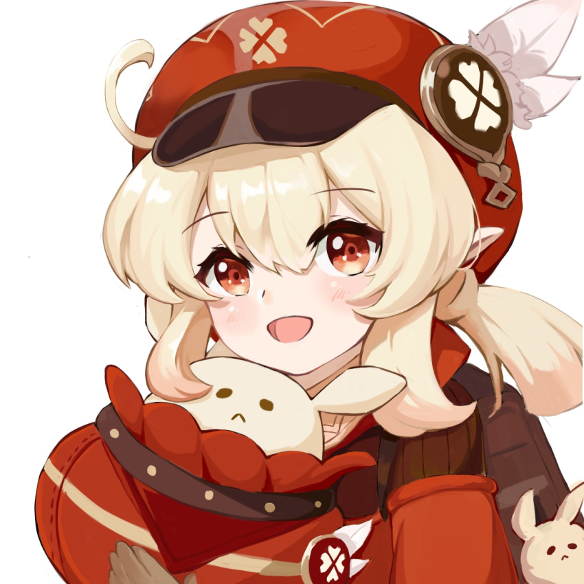 1girl, :d, ahoge, backpack, bag, bag_charm, bangs, brown_gloves