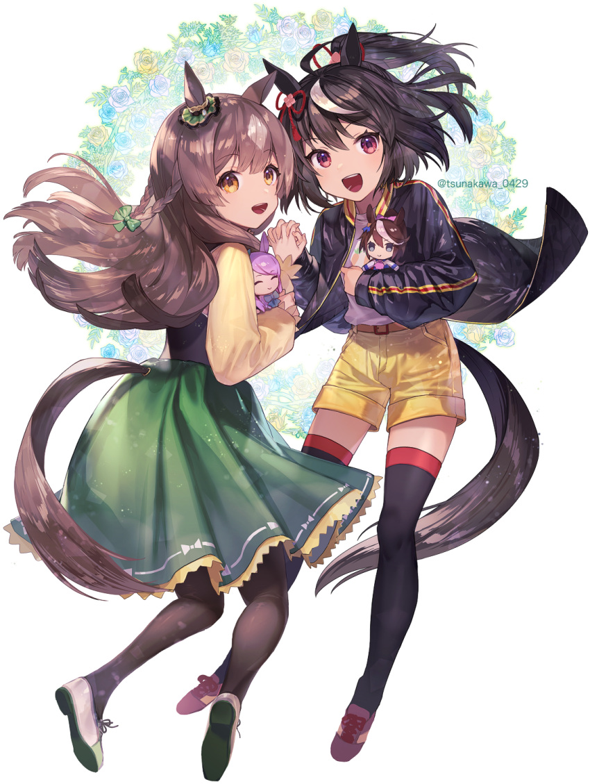 2girls, :d, animal_ears, bangs, black_hair, black_jacket, black_legwear, bow