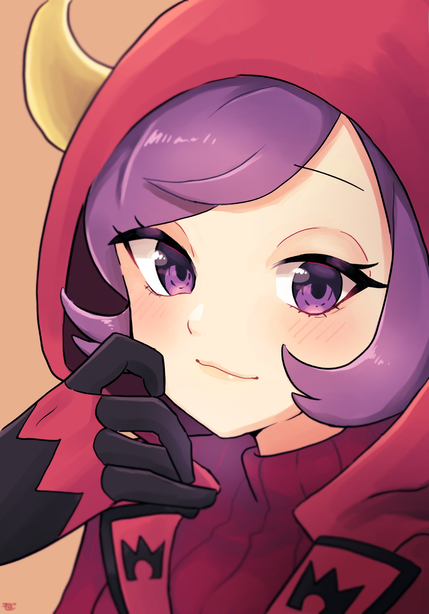 1girl, blush, closed_mouth, commentary, courtney_(pokemon), eyelashes, fake_horns, gloves, hand_up, highres, hood, hood_up, horns, looking_at_viewer, moegi_itsukashi, pokemon, pokemon_(game), pokemon_oras, purple_hair, red_sweater, ribbed_sweater, short_hair, signature, smile, solo, sweater, team_magma, team_magma_uniform, turtleneck, turtleneck_sweater, upper_body, violet_eyes