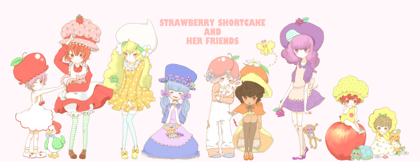 6+girls, :d, absurdres, animal, animal_on_lap, apple, apple_dumplin'_(sbsc), apple_hair_ornament