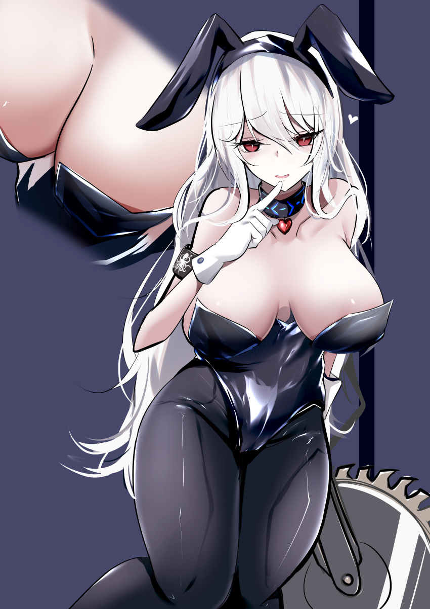 1girl, absurdres, abyssal_hunters_logo, alternate_costume, animal_ears, arknights, armband, breasts, choker, circular_saw, commentary_request, cowboy_shot, fake_animal_ears, finger_to_mouth, gloves, heart, highres, holding, holding_weapon, index_finger_raised, infection_monitor_(arknights), kouki_hanada, large_breasts, long_hair, long_sleeves, looking_at_viewer, open_mouth, pantyhose, playboy_bunny, purple_background, rabbit_ears, red_eyes, silver_hair, smile, solo, specter_(arknights), weapon, white_gloves