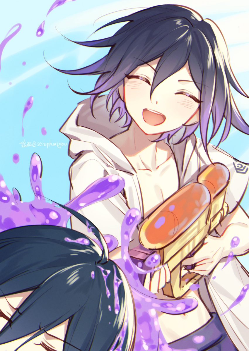 2boys, :d, absurdres, ahoge, bangs, black_hair, blush, collarbone