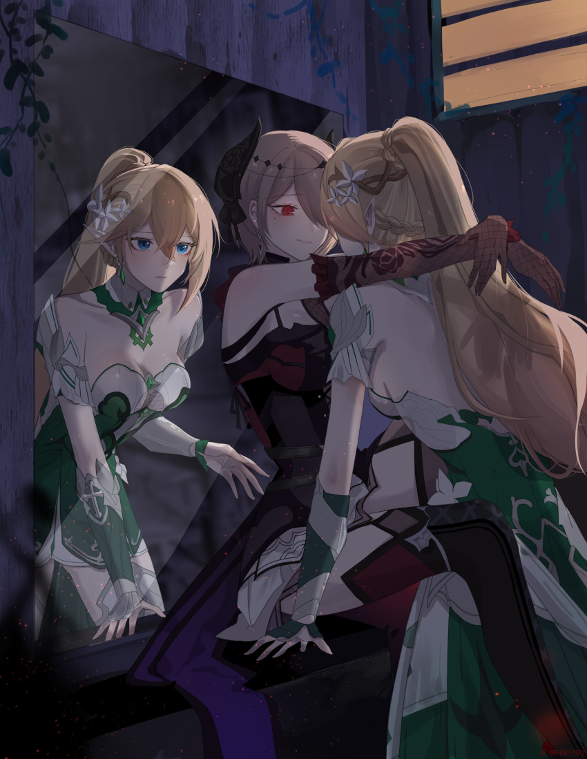2girls, absurdres, alternate_costume, baconontheclock, bare_shoulders, bianka_durandal_ataegina, blonde_hair, blush