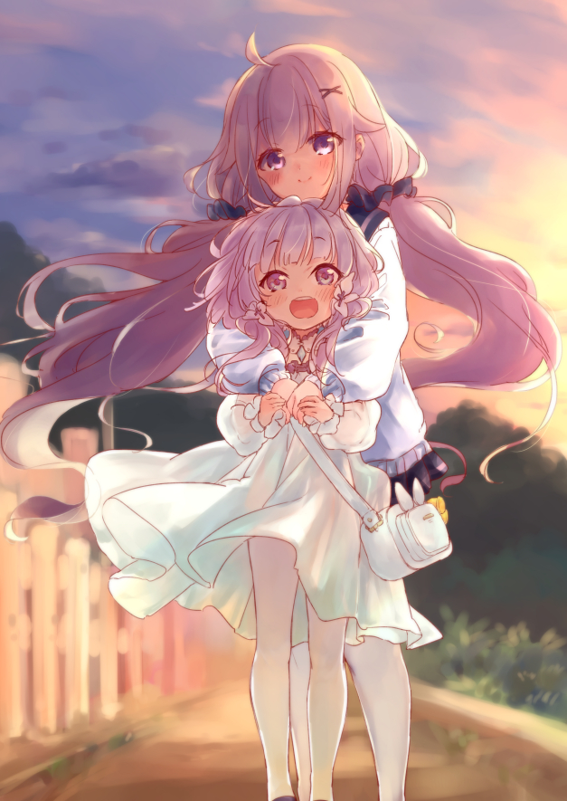 2girls, ahoge, azur_lane, bag, black_footwear, black_skirt, blue_eyes, blush