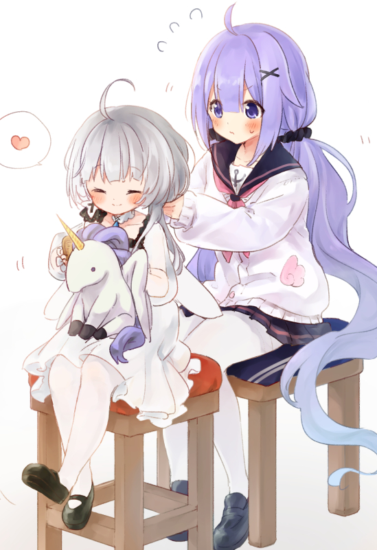 2girls, adjusting_hair, ahoge, azur_lane, black_footwear, black_skirt, blush, cardigan