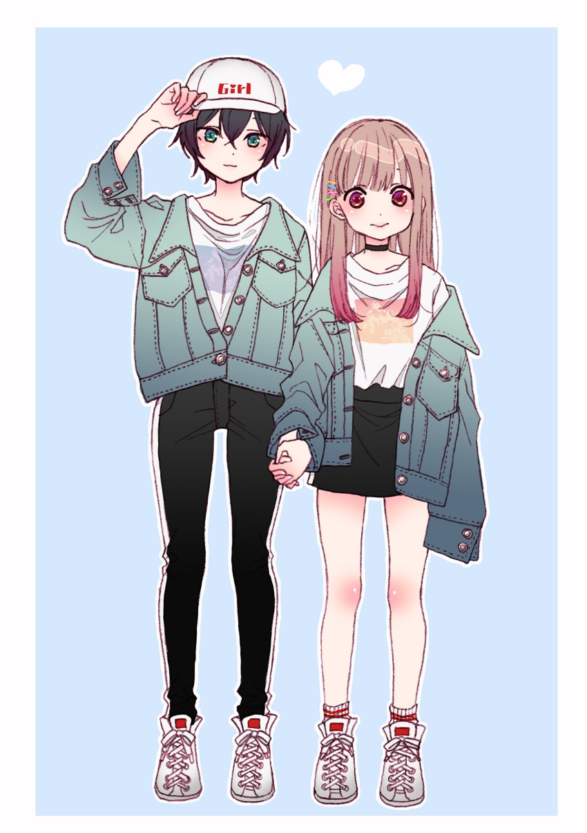 2girls, baseball_cap, black_choker, black_pants, black_skirt, blue_jacket, border, brown_hair