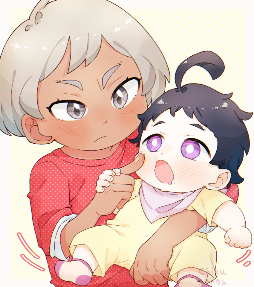 1boy, 1girl, ahoge, allister_(pokemon), baby, bangs, bea_(pokemon), black_hair