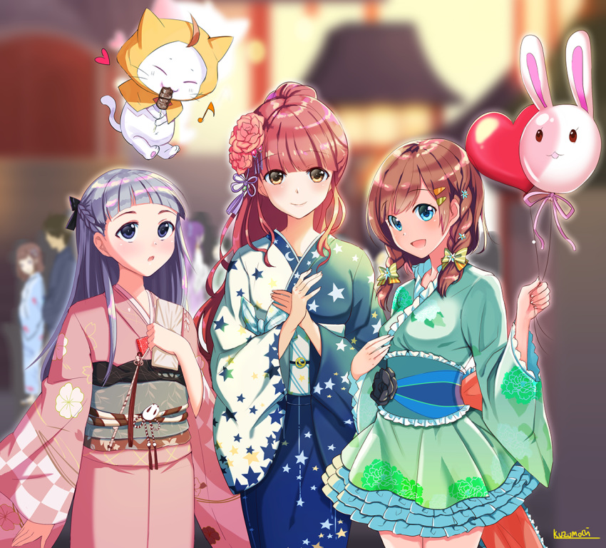 3girls, architecture, bag, balloon, bangs, black_flower, black_rose, blue_eyes, blue_kimono, blunt_bangs, blurry, blurry_background, bow, bow_dress, braid, breasts, brown_eyes, brown_hair, bunny_balloon, cat, checkered, checkered_kimono, crossed_arms, east_asian_architecture, eating, festival, flower, frilled_kimono, frills, green_kimono, grey_eyes, grey_hair, hair_bow, hair_ornament, hair_ribbon, hairclip, half_updo, heart_balloon, holding, holding_bag, holding_balloon, japanese_clothes, kimi_(miracle_nikki), kimono, kuzumochi_(kuzumochiya), lolita_fashion, lolita_kimono, miracle_nikki, momo_(miracle_nikki), multiple_girls, nikki_(miracle_nikki), obi, pink_hair, pink_kimono, ribbon, rose, sash, short_kimono, side_braid, silver_hair, star_(symbol), star_print, thighs, twin_braids, yoko_(miracle_nikki), yukata